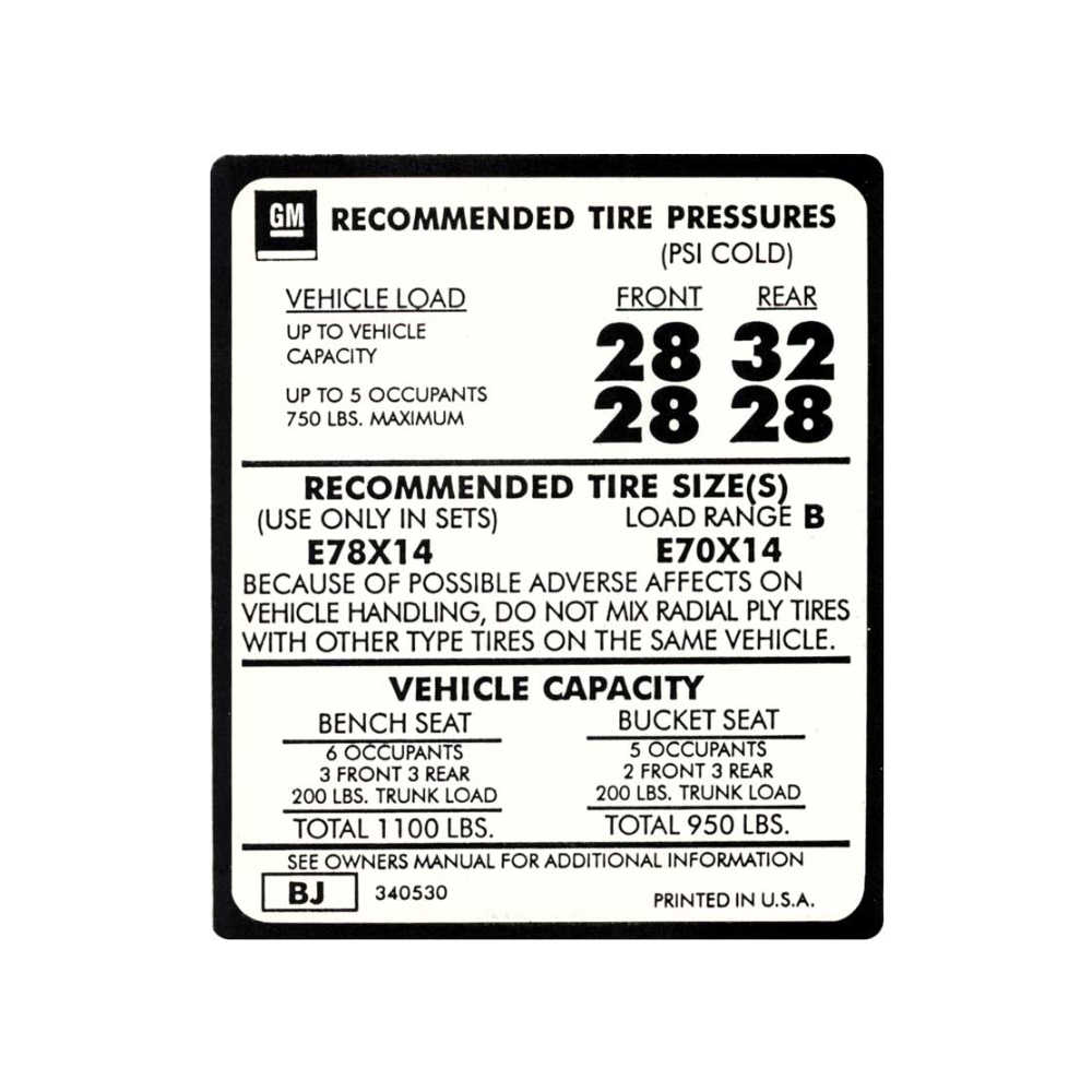 1976 Chevrolet Nova/Chevy II TIRE PRESSURE DECAL E78 X 14