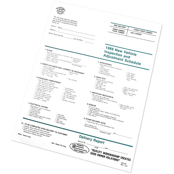 1966 Chevrolet Nova/Chevy II NEW VEHICLE PRE-DELIVERY INSPECTION SHEET EA | DC0720