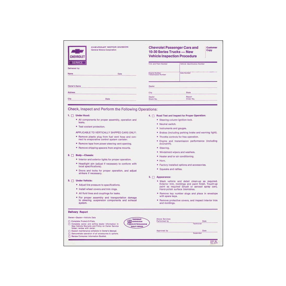 1972 Chevrolet Nova/Chevy II NEW VEHICLE PRE-DELIVERY INSPECTION SHEET / CHECK LIST (DC0660) | DC0660