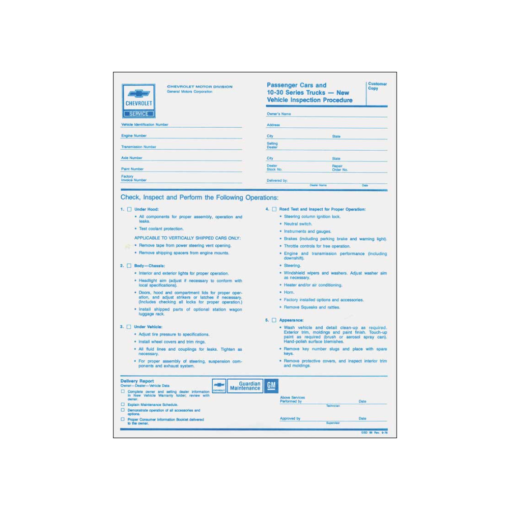 1977 Chevrolet Nova/Chevy II PRE-DELIVERY INSPECTION SHEET / CHECK LIST (DC0664) | DC0664
