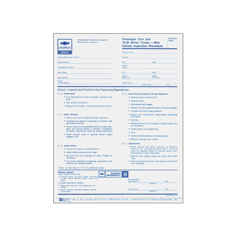 1978 Chevrolet Nova/Chevy II NEW VEHICLE PRE-DELIVERY INSPECTION SHEET / CHECK LIST (DC1277) | DC1790N