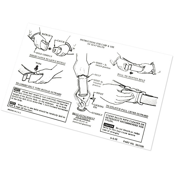 1962 Chevrolet Nova/Chevy II CAR / TK SEAT BELT INSTRUCTION CARD 3817320 EACH | DC0187