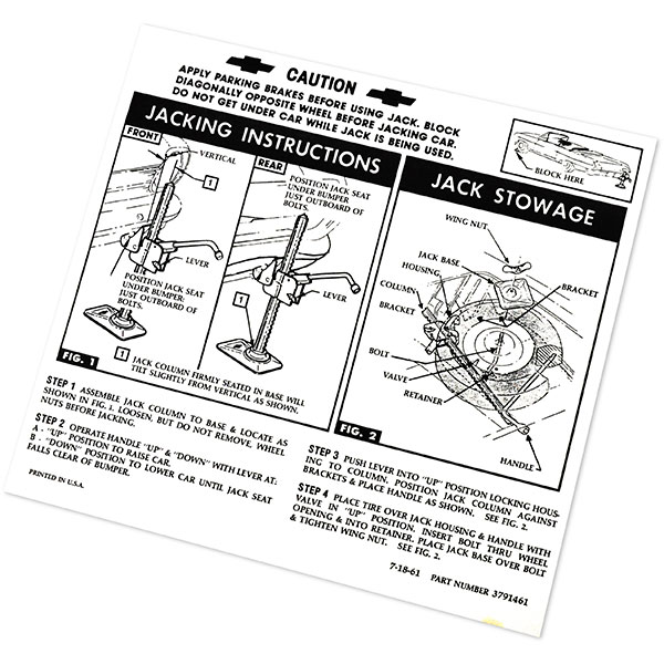 1962 Chevrolet Nova/Chevy II JACK INSTRUCTION DECAL CONVERTIBLE EA | DC0387