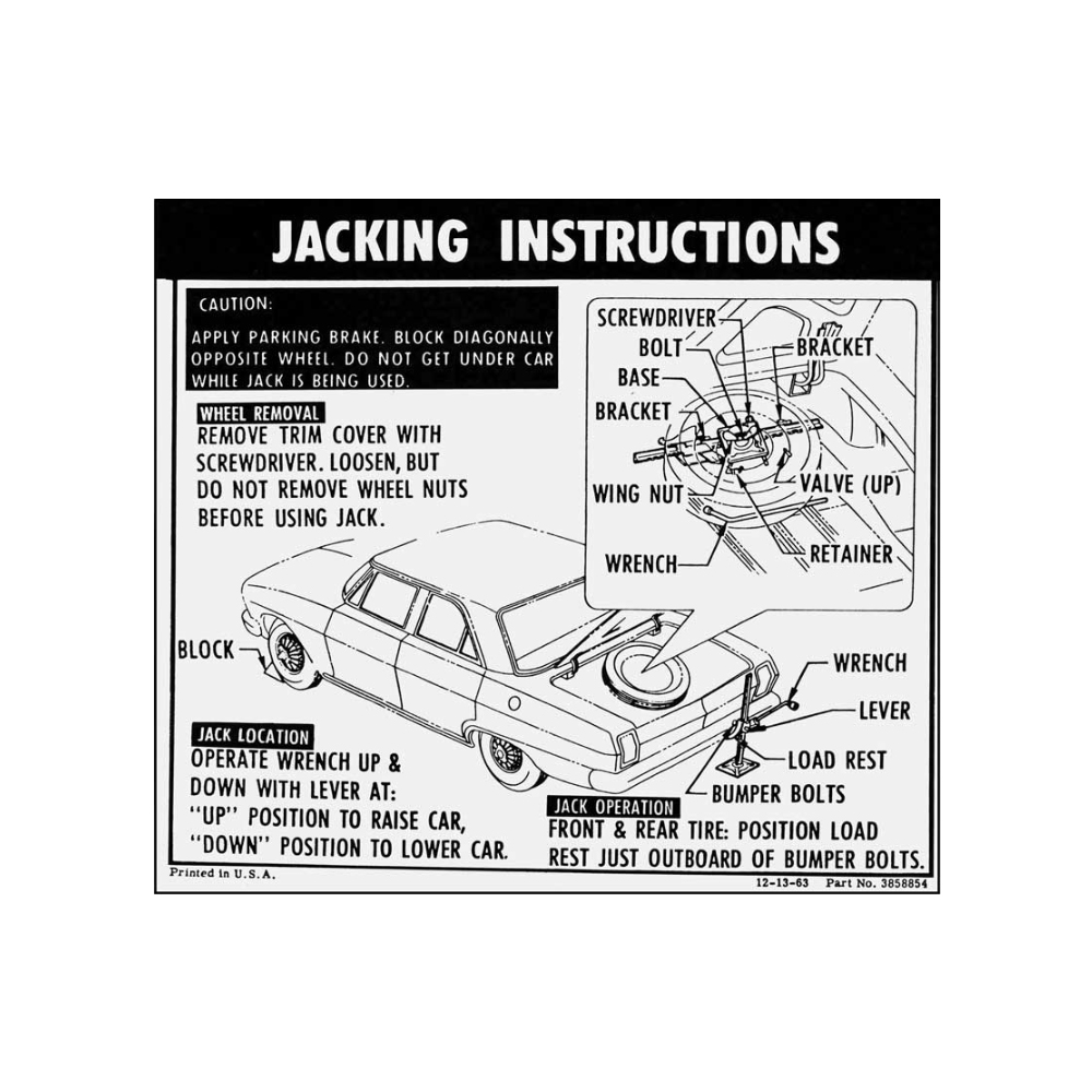1965 Chevrolet Nova/Chevy II JACK STOWAGE AND JACKING INSTRUCTION DECAL (DC0350) | DC1817N