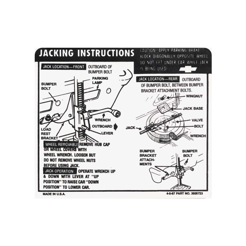 1968 Chevrolet Nova/Chevy II JACK STOWAGE AND JACKING INSTRUCTION DECAL (EXCEPT SS) (DC0345) | DC1820N