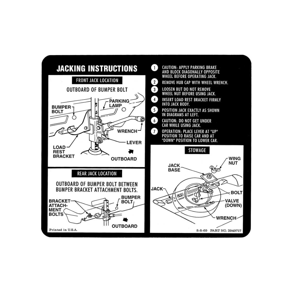 1970 Chevrolet Nova/Chevy II JACK STOWAGE AND JACKING INSTRUCTION DECAL (DC1291) | DC1821N