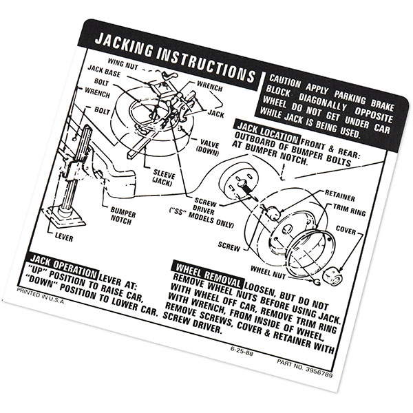 1970 Chevrolet Nova/Chevy II JACK INSTRUCTIONS SS GM 3956789 | DC0413
