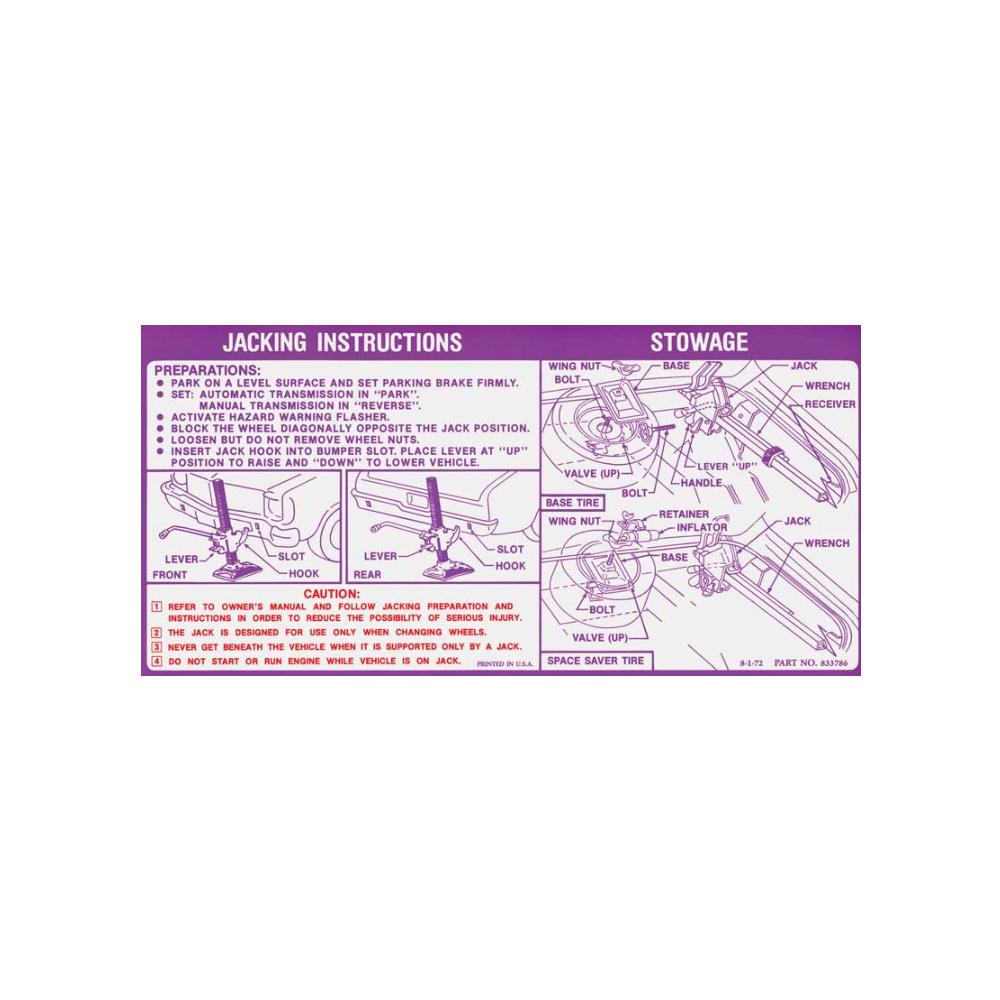 1973 Chevrolet Nova/Chevy II SPACE SAVER OR STANDARD SPARE JACK STOWAGE AND JACKING INSTRUCTION DECAL (DC0809) | DC1824N