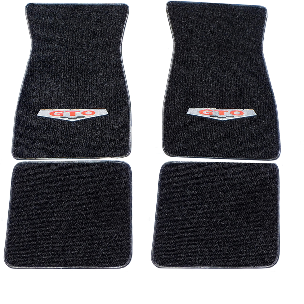 1972 Pontiac GTO/LeMans/Tempest CARPETED FLOOR MAT SET EMBROIDERED WITH GTO BLOCK EMBLEM IN RED & SILVER - 4 PIECE SET | IN2869G