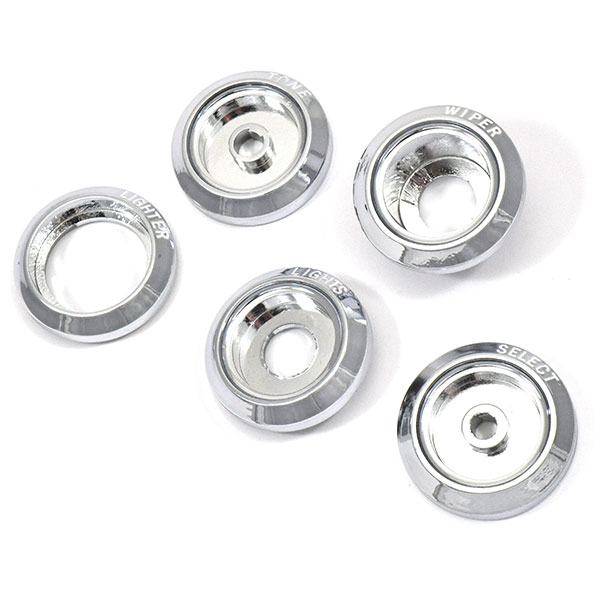1969 Pontiac GTO/LeMans/Tempest DASH BEZELS SET FOR WIPER, LIGHTER, LIGHTS, RADIO SELECT & TONE - WHITE LETTERING | IN3007G