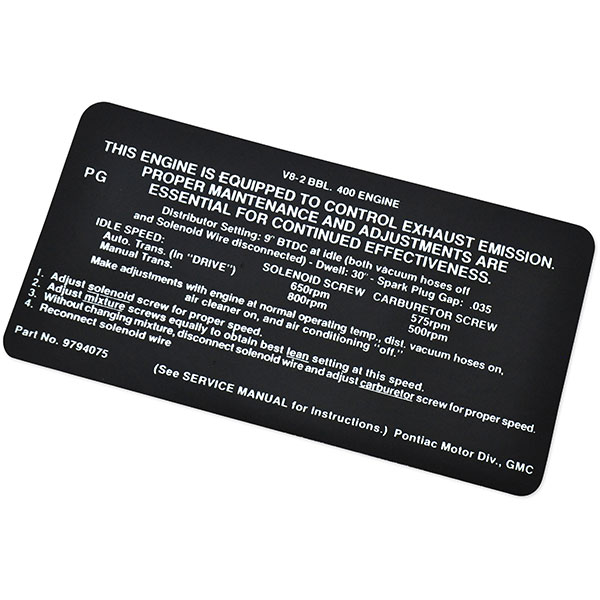 1968 Pontiac GTO/LeMans/Tempest  400-2V AT/MT EMISSION DECAL  (DT0038) | DC1879G