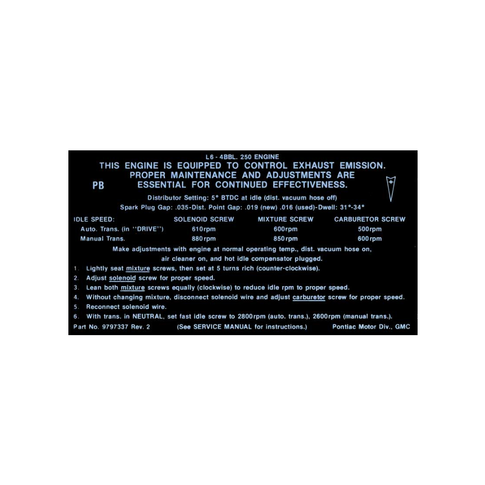 1969 Pontiac GTO/LeMans/Tempest  250-4V AT/MT EMISSION DECAL  (DT0789) | DC1882G