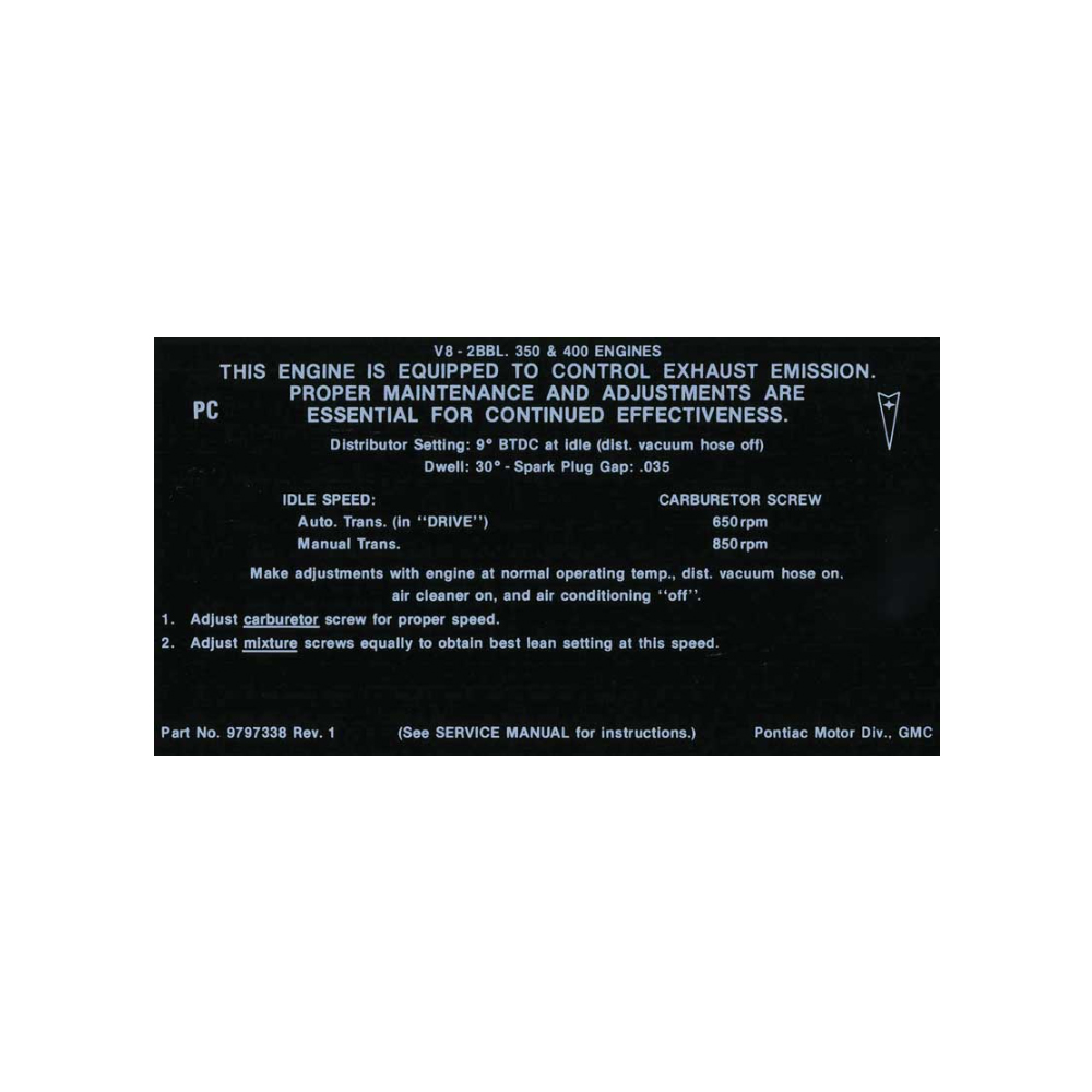1969 Pontiac GTO/LeMans/Tempest  350/400-2V AT/MT EMISSION DECAL   (DT0790) | DC1883G
