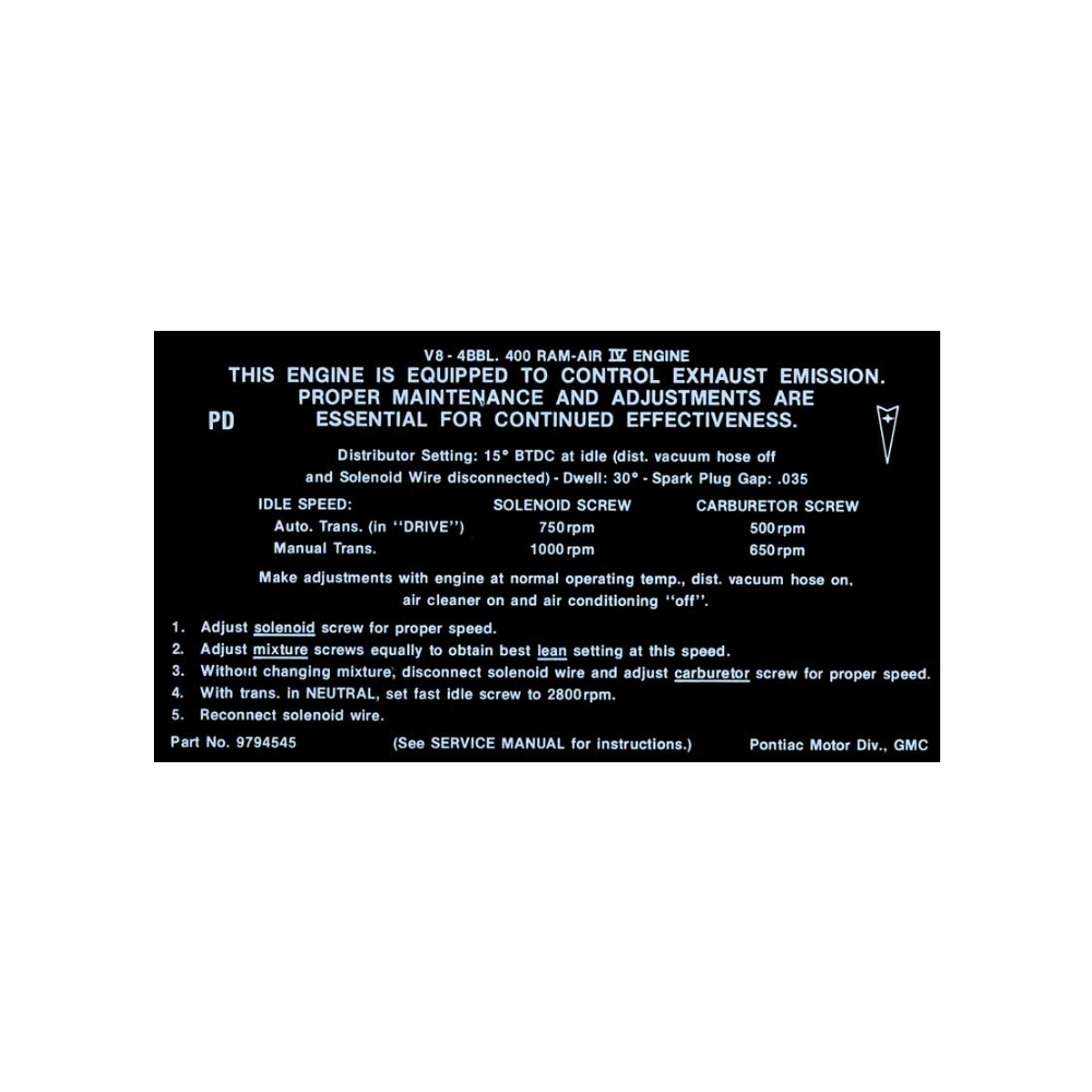 1969 Pontiac GTO/LeMans/Tempest  RAM AIR IV AT/MT EMISSION DECAL  (DT0792) | DC1885G