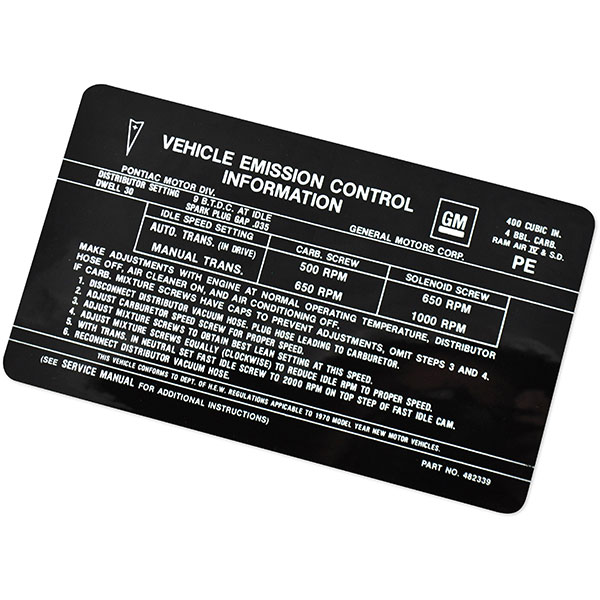 1970 Pontiac GTO/LeMans/Tempest 400-4V RAM AIR IV/SD EMISSION PE 482339 DECAL EACH | DT0250