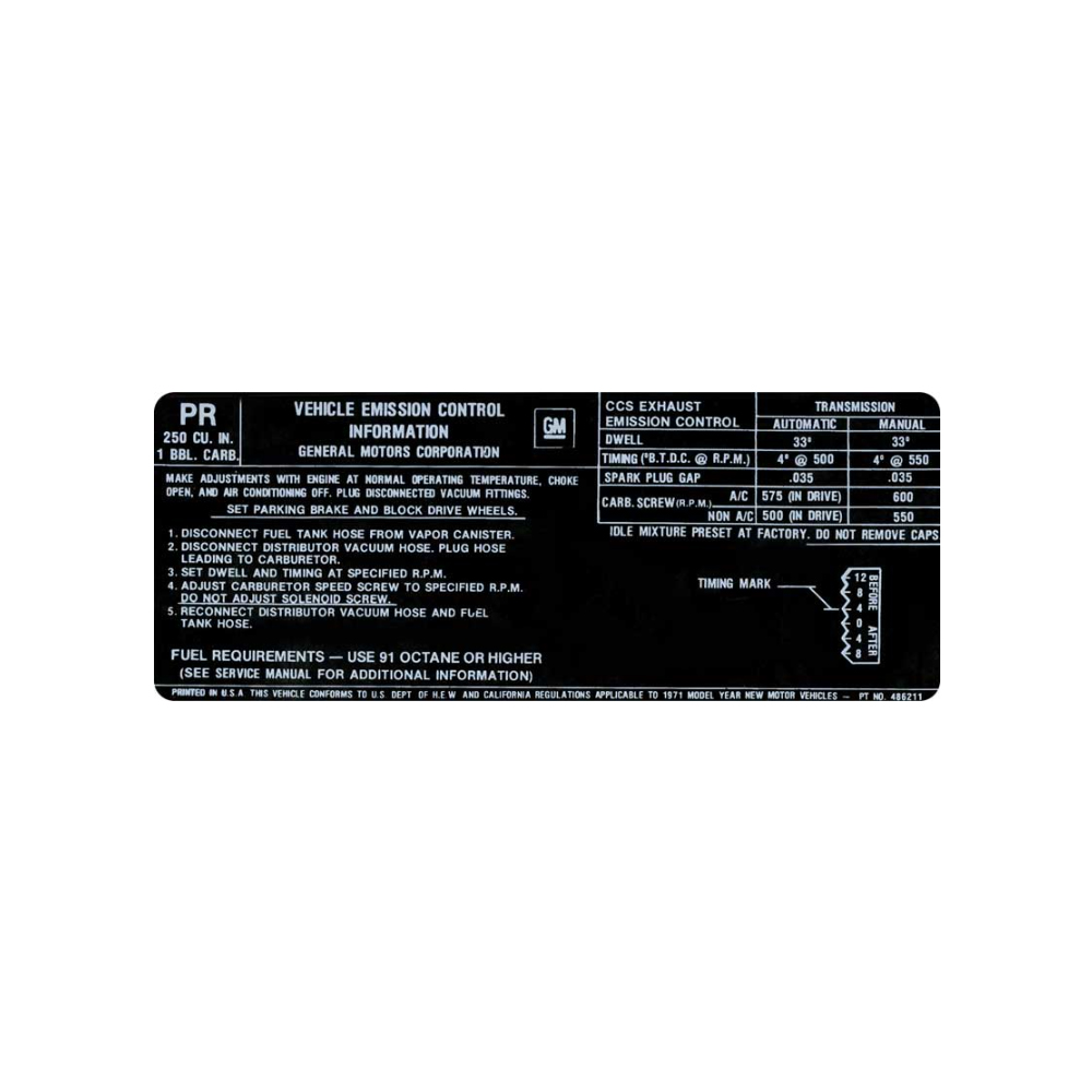 1971 Pontiac GTO/LeMans/Tempest  250 6 CYL AT/MT EMISSION DECAL PR  (DT0303) | DC1890G
