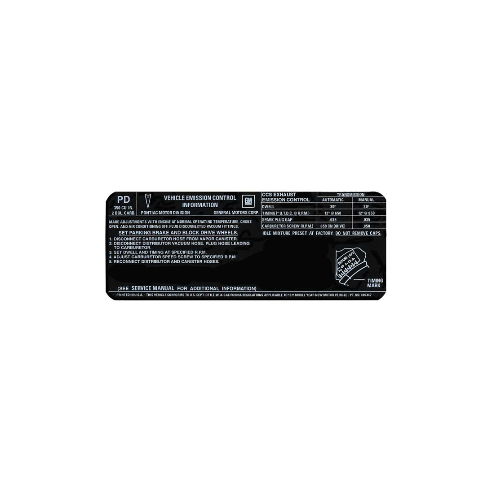 1971 Pontiac GTO/LeMans/Tempest  350-2V AT/MT EMISSION DECAL  (DT0589) | DC1891G