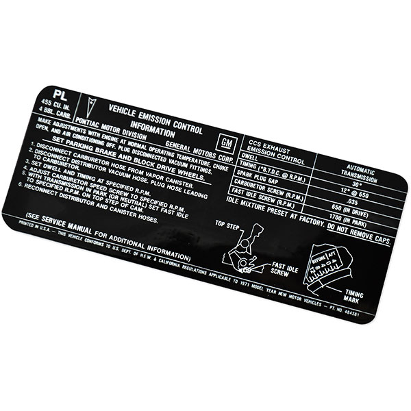 1971 Pontiac GTO/LeMans/Tempest 455-4V AT EMISSION DECAL US/CAL PL 484381 EACH | DT0489