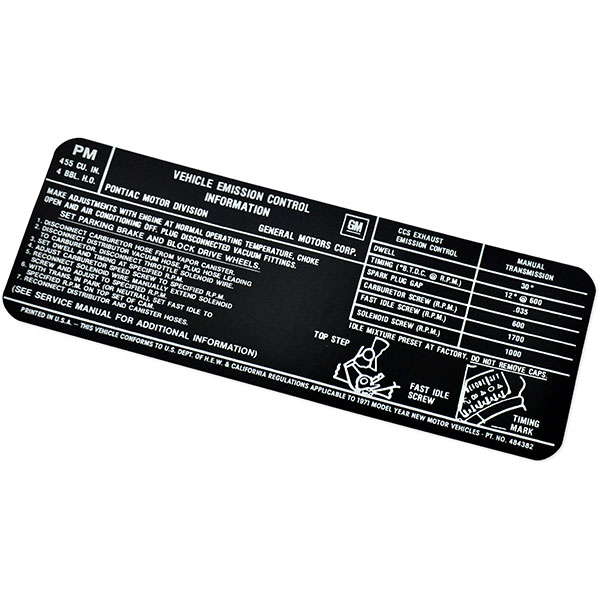 1971 Pontiac GTO/LeMans/Tempest  455-4V HO MT EMISSION DECAL  (DT0081) | DC1895G
