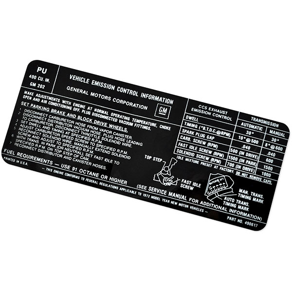 1972 Pontiac GTO/LeMans/Tempest 400-2V AT/MT EMISSION DECAL US PU 490617 EACH | DT0430