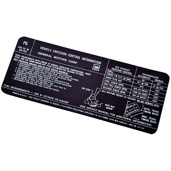 1972 Pontiac GTO/LeMans/Tempest  400-4V AT/MT EMISSION DECAL US/C   (DT0102) | DC1900G