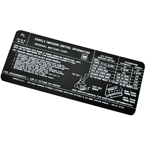 1972 Pontiac GTO/LeMans/Tempest 455-4V AT/MT EMISSION DECAL US/C (DT0101) | DT0101