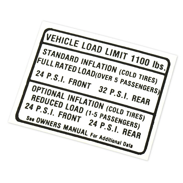 1967 Pontiac GTO/LeMans/Tempest TIRE PRESSURE DECAL ALL (DT0019) | DC1904G