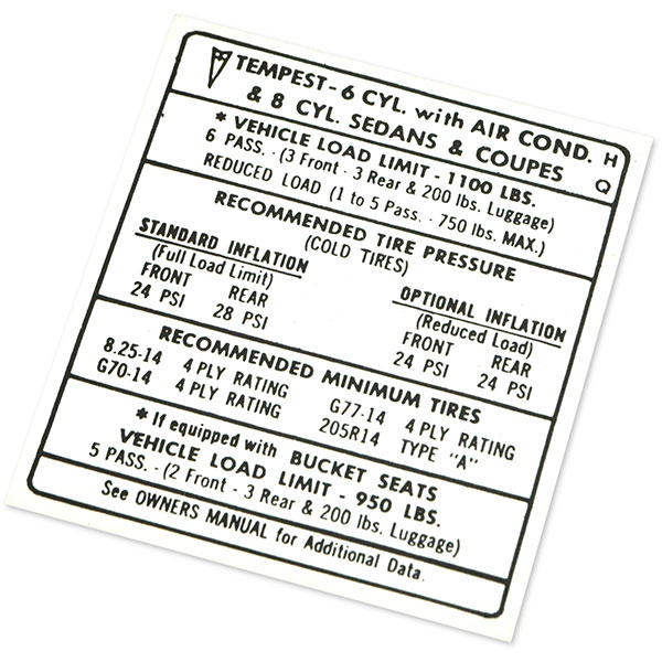 1968 Pontiac GTO/LeMans/Tempest TIRE PRESSURE DECAL GTO/LEMANS   (DT0022) | DC1905G