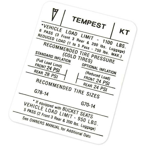 1970 Pontiac GTO/LeMans/Tempest TIRE PRESSURE DECAL GTO/LEMANS  (DT0149) | DC1906G