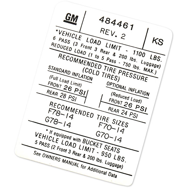 1972 Pontiac GTO/LeMans/Tempest TIRE PRESSURE DECAL GTO / LEMANS / TEMPEST GM 4844461 EACH | DT0205