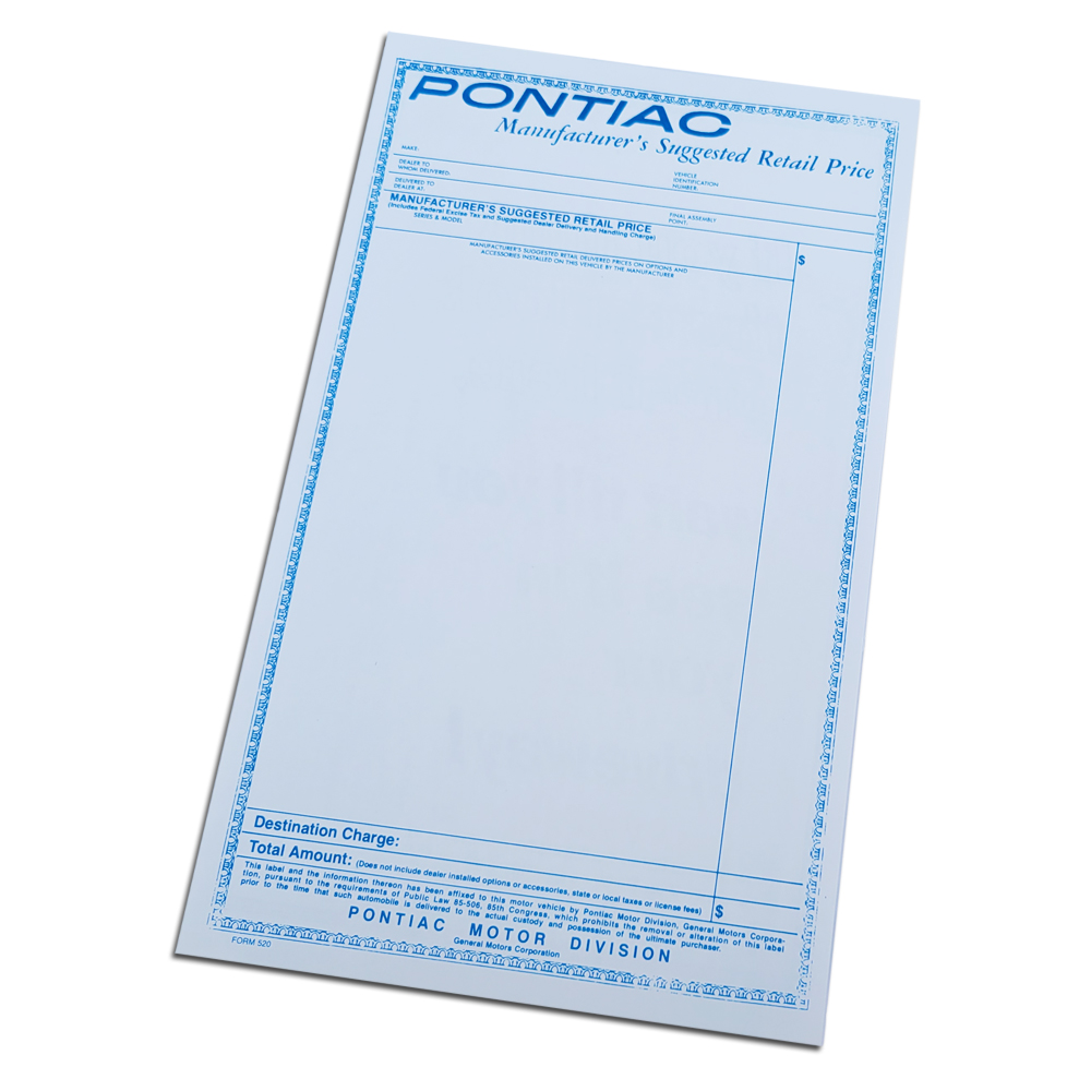 1963 Pontiac GTO/LeMans/Tempest  NEW VEHICLE WINDOW PRICE STICKER (ALL) (DT0075) | DC1916G