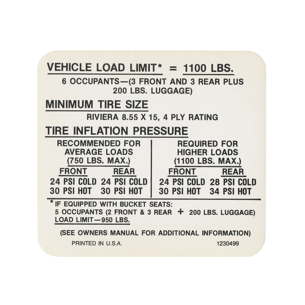 1969 Buick Skylark/GS/Regal/GN TIRE PRESSURE DEC (RIVIERA) (DB0219) | DC1763S