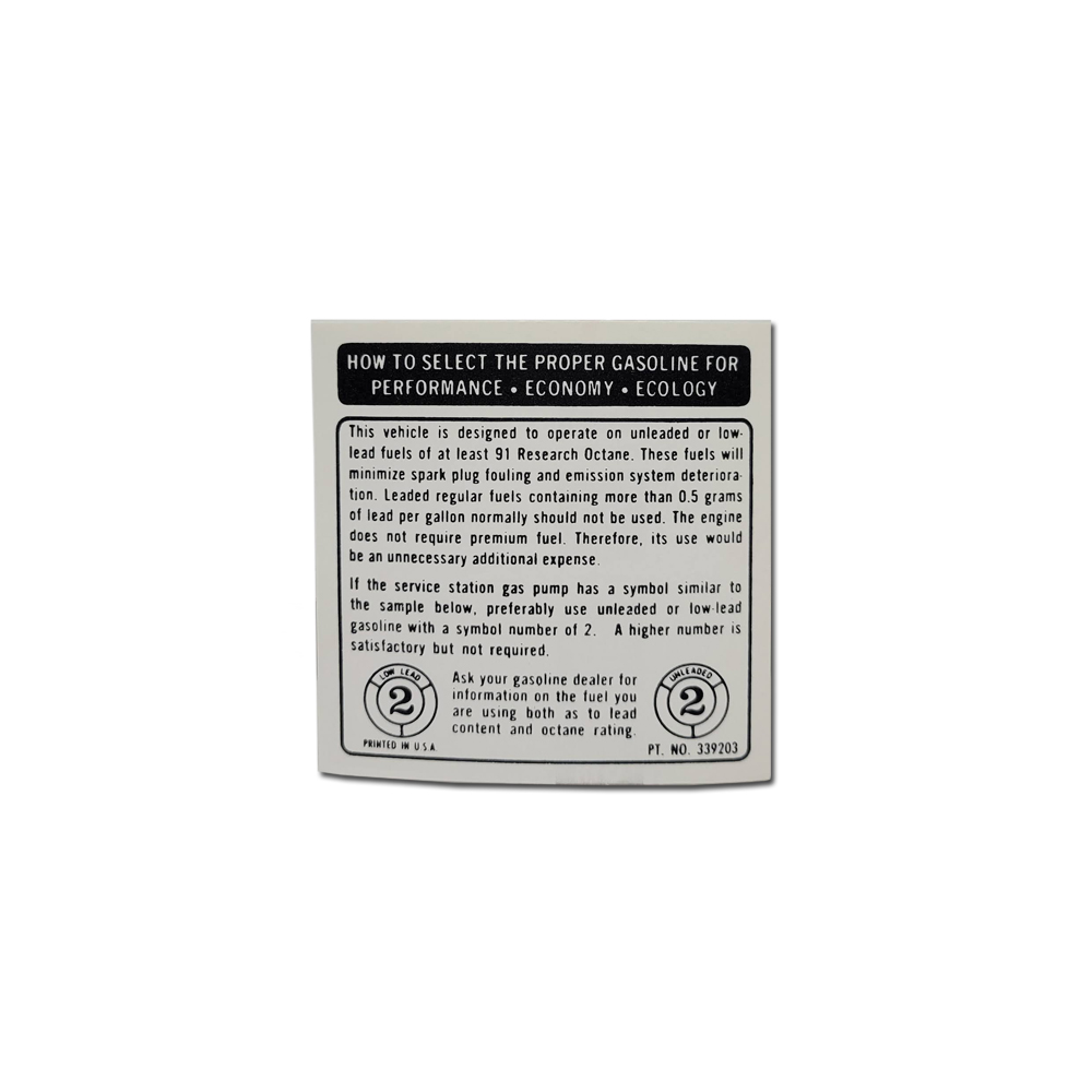 1973 Buick Skylark/GS/Regal/GN GLOVE BOX FUEL RECOMMENDATION DECAL (DB0208) | DC1777S
