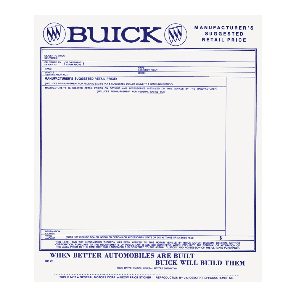 1963 Buick Skylark/GS/Regal/GN NEW VEHICLE WINDOW PRICE STICKER (DB0344) | DC1788S