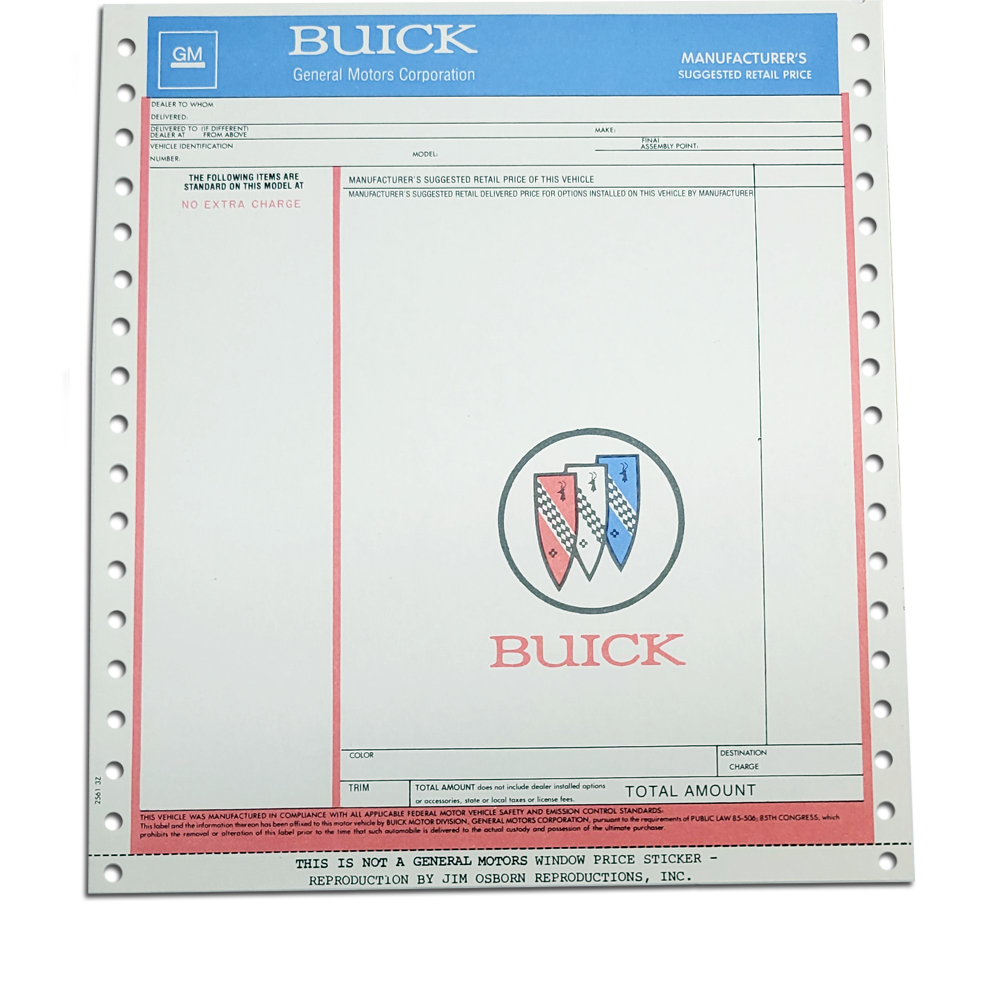 1974 Buick Skylark/GS/Regal/GN NEW VEHICLE WINDOW PRICE STICKER (DB0098) | DC1793S