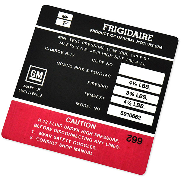 1970 Pontiac Firebird/TransAm FRIGIDAIRE AIR CONDITIONING COMPRESSOR DECAL (DT0107) | DC1779F
