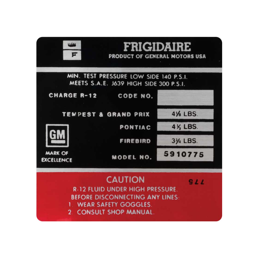 1971 Pontiac Firebird/TransAm FRIGIDAIRE AIR CONDITIONING COMPRESSOR DECAL  (DT0108) | DC1780F