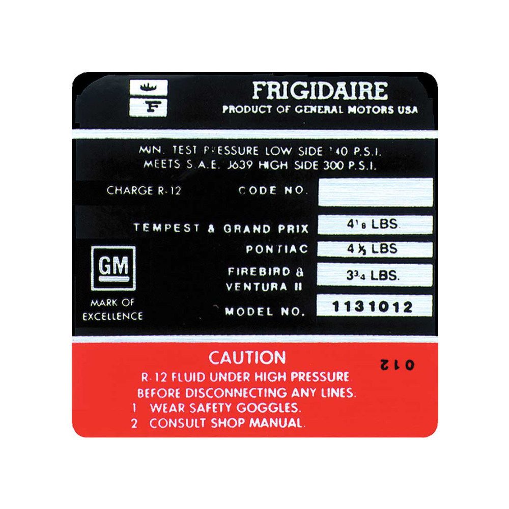 1972 Pontiac Firebird/TransAm FRIGIDAIRE AIR CONDITIONING COMPRESSOR DECAL  (DT0109) | DC1781F
