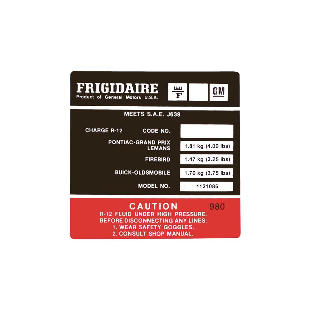 1978 Pontiac Firebird/TransAm FRIGIDAIRE AIR CONDITIONING COMPRESSOR DECAL 1131086 EACH | DT0441