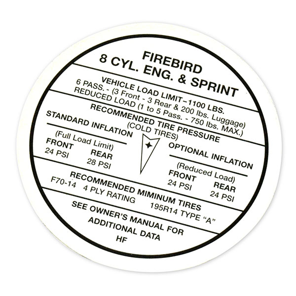 1968 Pontiac Firebird/TransAm TIRE PRESSURE DECAL FIREBIRD  (DT0020) | DC1870F