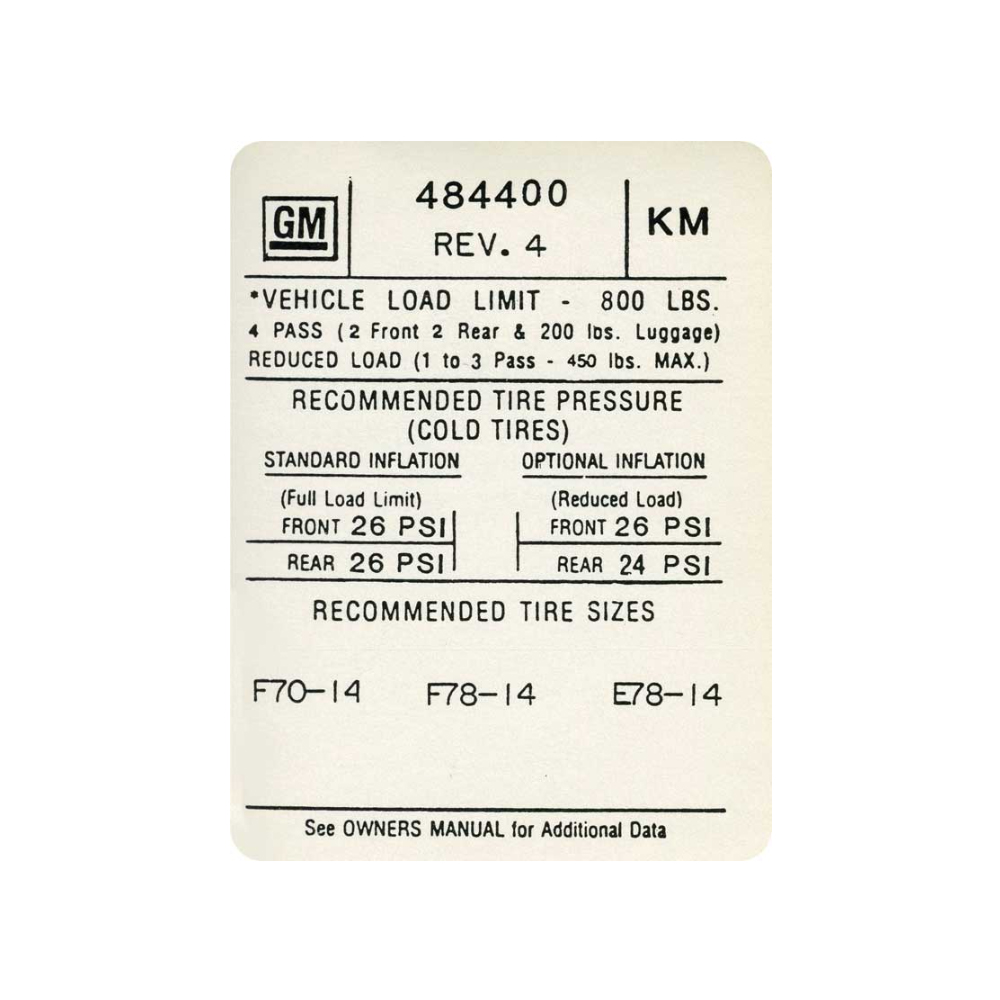 1972 Pontiac Firebird/TransAm TIRE PRESSURE DECAL FIREBIRD  (DT0260) | DC1873F