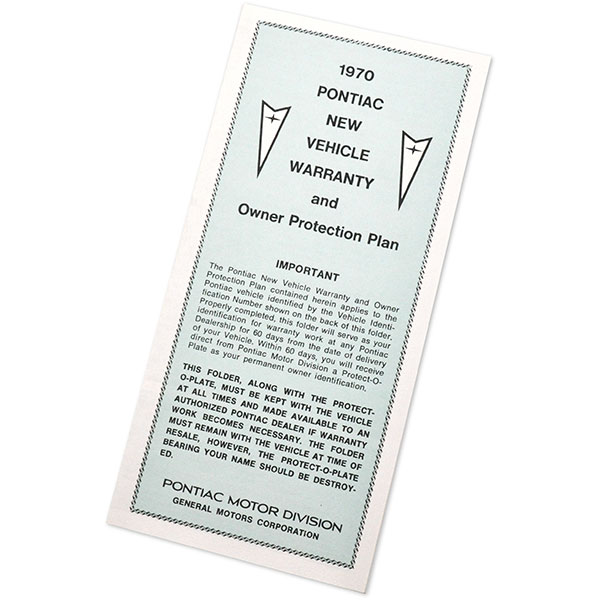 1970 Pontiac Firebird/TransAm NEW VEHICLE WARRANTY/OWNERS PROTECTION PLAN FOLDER 479588 EACH | DT0426