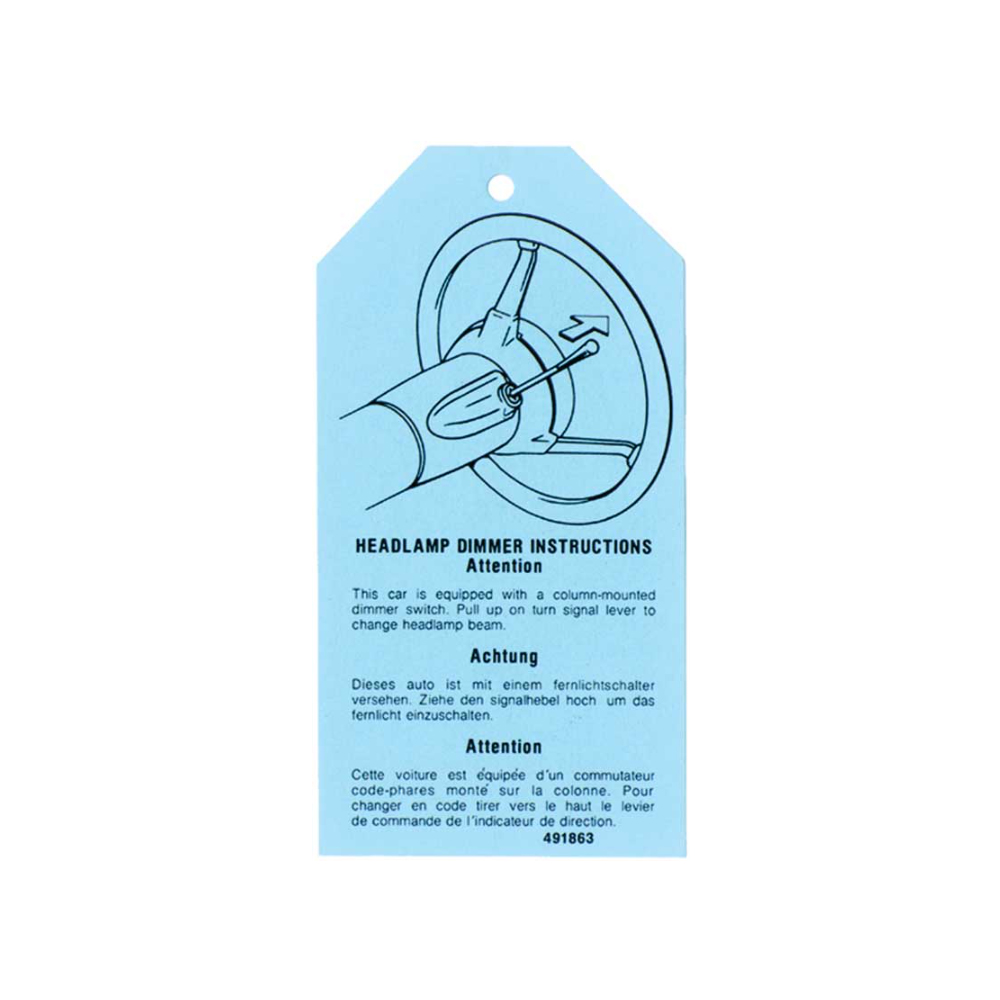 1977 Pontiac Firebird/TransAm HEADLIGHT DIMMER INSTRUCTION TAG (DT0365) | DC1894F