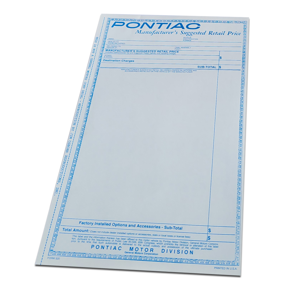 1967 Pontiac Firebird/TransAm NEW VEHICLE WINDOW PRICE STICKER (DT0077) | DC1899F