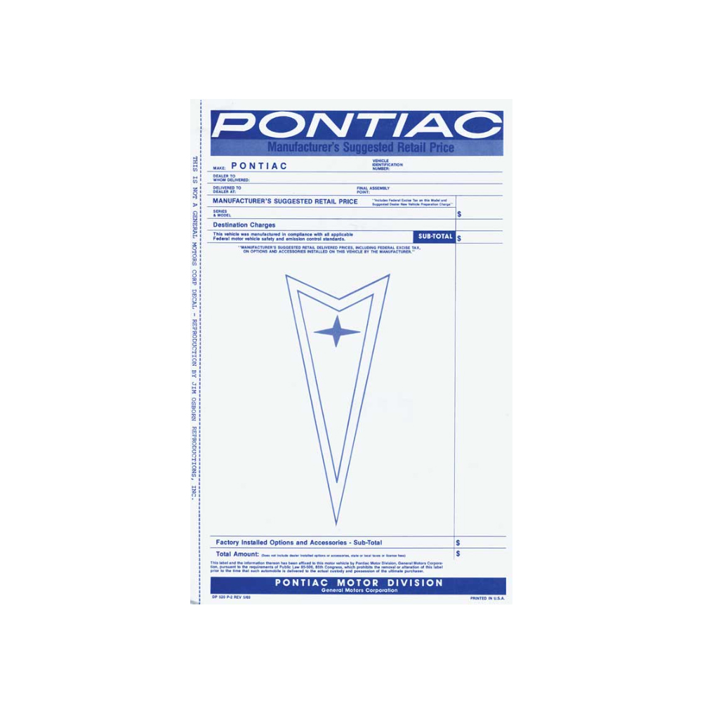 1970 Pontiac Firebird/TransAm NEW VEHICLE WINDOW PRICE STICKER (DT0373) | DC1900F