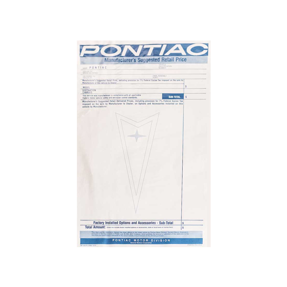 1971 Pontiac Firebird/TransAm NEW VEHICLE WINDOW PRICE STICKER  (DT0112) | DC1901F