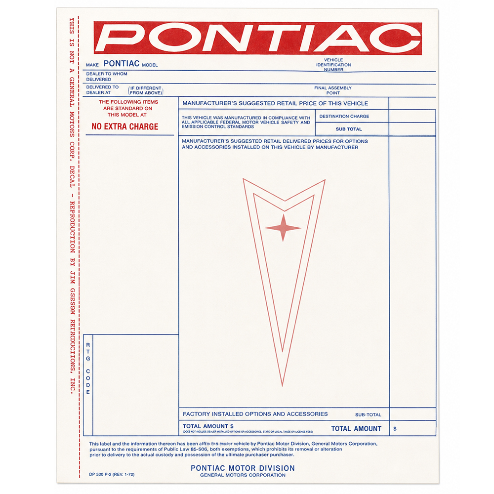 1973 Pontiac Firebird/TransAm NEW VEHICLE WINDOW PRICE STICKER (DT0113) | DC1902F