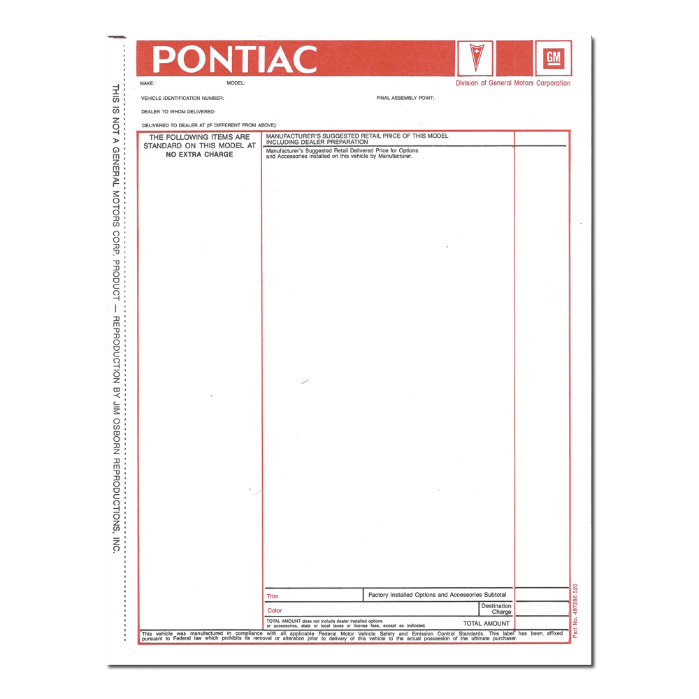1977 Pontiac Firebird/TransAm NEW VEHICLE WINDOW PRICE STICKER (DT0509) | DC1904F