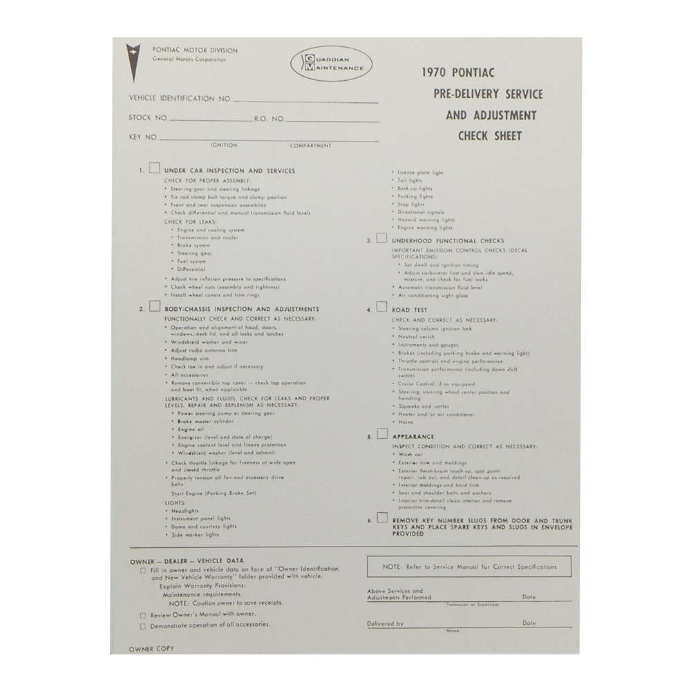 1970 Pontiac Firebird/TransAm NEW CAR PRE-DELIVERY SHEET  (DT0271) | DC1907F