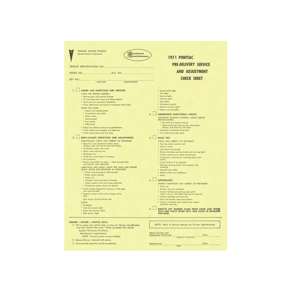 1971 Pontiac Firebird/TransAm NEW CAR PRE-DELIVERY SHEET  (DT0148) | DC1908F